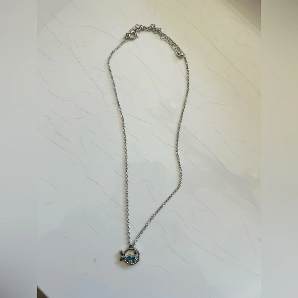 Elegant Silver Tone Necklace with Fish Rhinestone Blue Accents